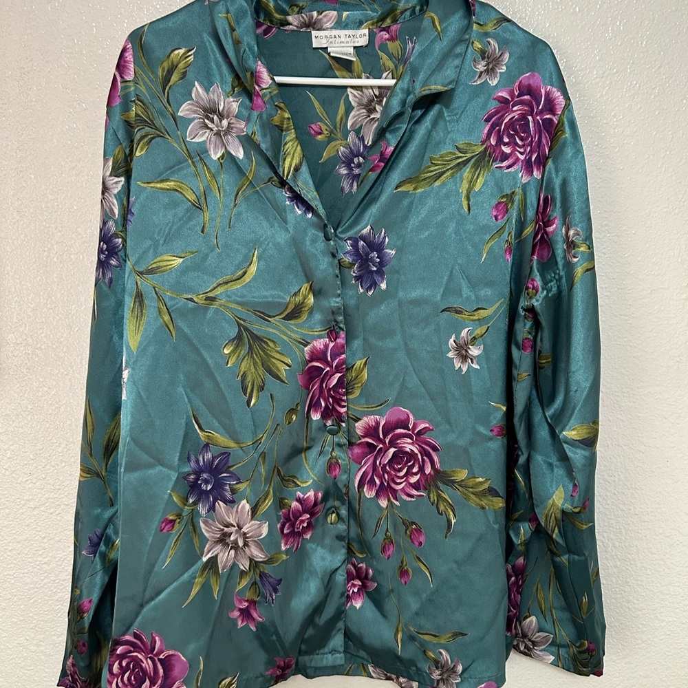 Morgan Taylor Teal and Purple Floral Button Down Shirt